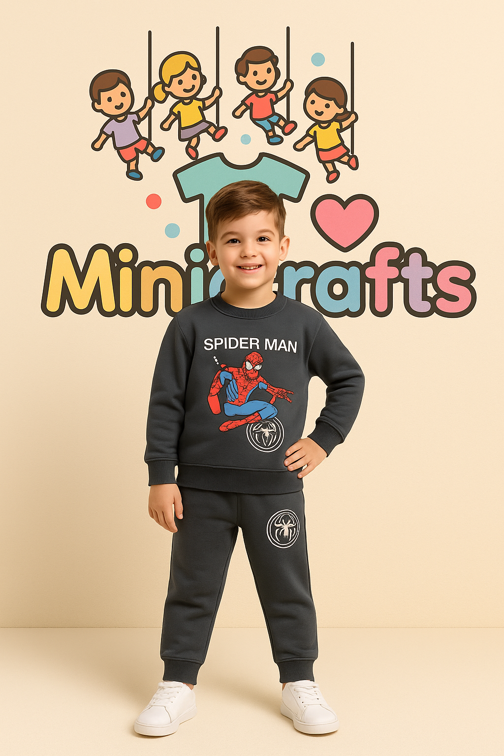 MniCrafts Premium Spider Hero Charcoal Co-ord Set – Ultra-Soft Cotton Fleece | Stylish, Warm & Comfortable Wear for Kids