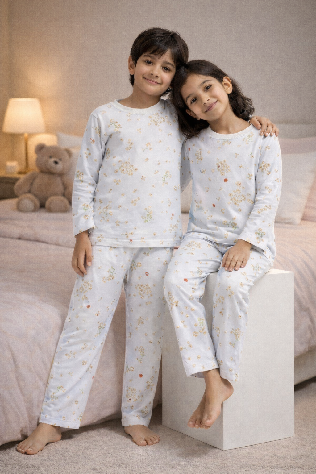 Cream Teddy Print Kids Night Suit – Boys & Girls Cotton Sleepwear