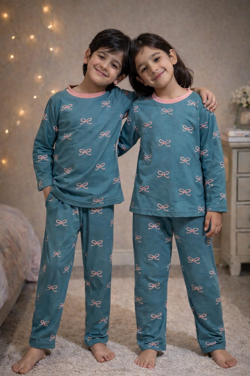 Charming Teal & Pink Bow Print Sleepwear for Boys & Girls
