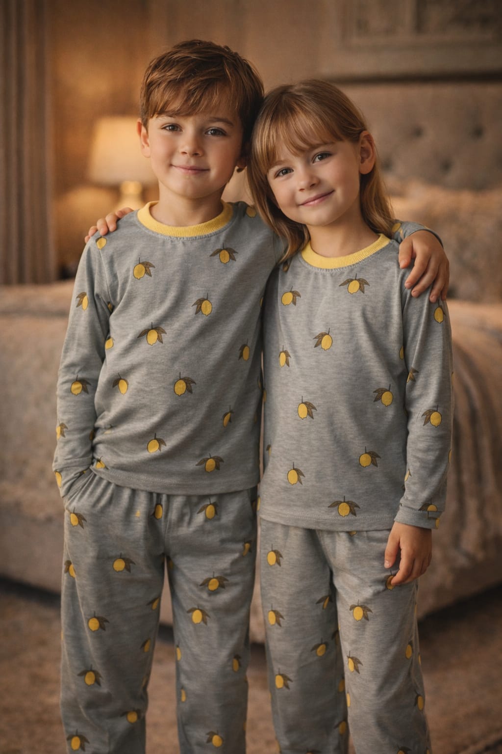 Zesty Summer: Grey Cotton Jersey Pajamas with Lemon Print