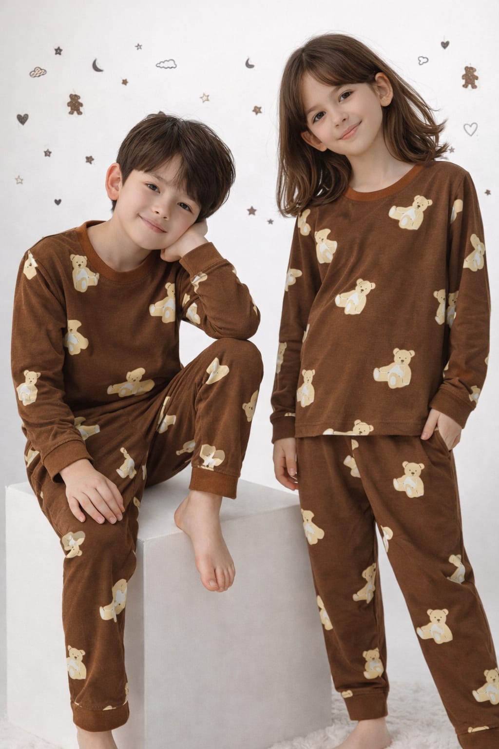 Adorable Teddy Print Kids Cotton Night Suit (Brown)