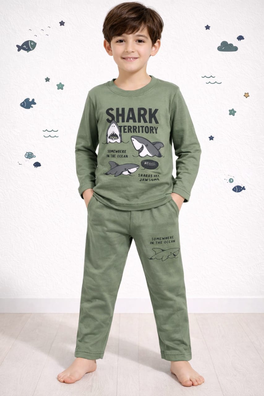Kids Olive Green Shark Graphic Cotton Track Suit