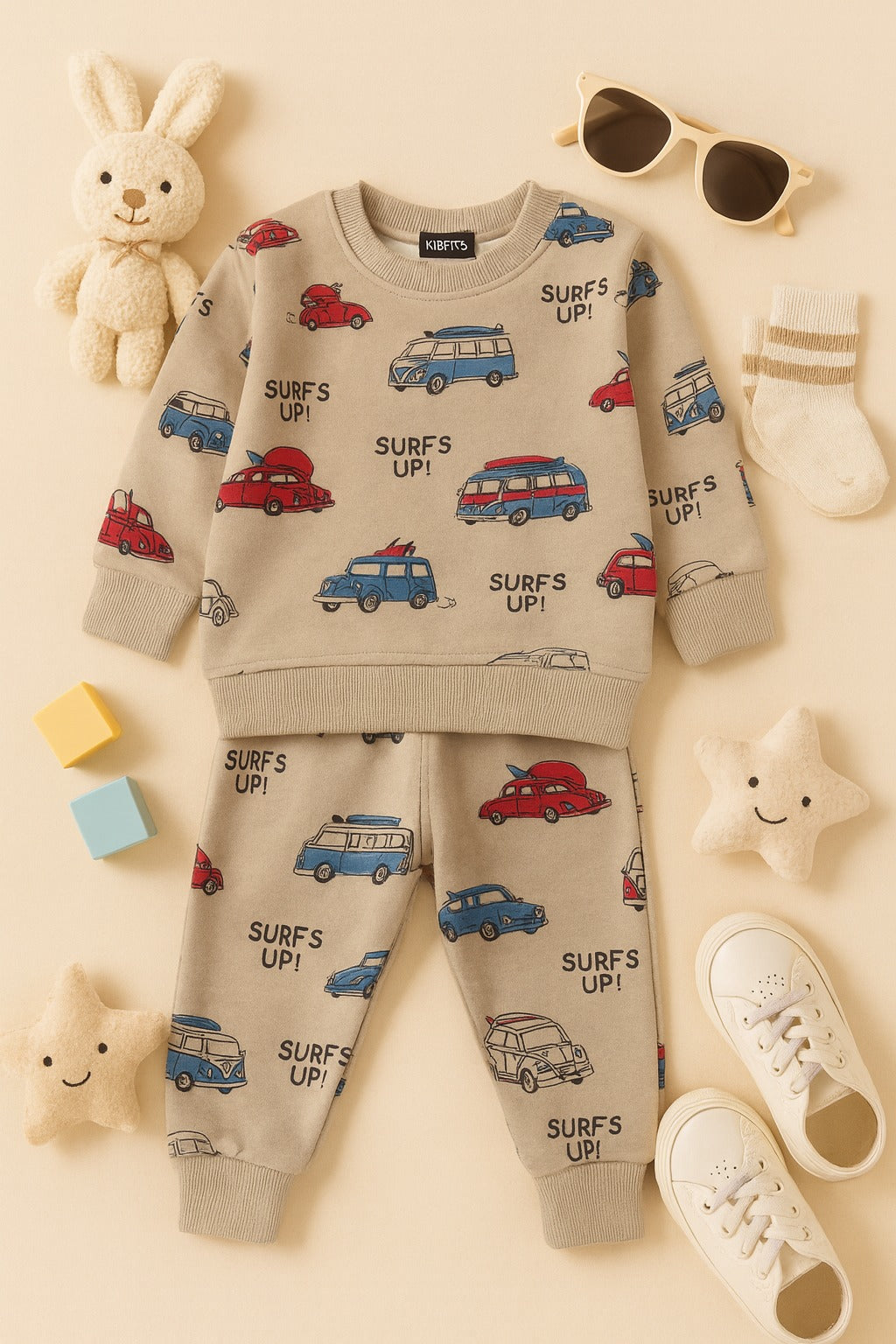 ⭐ Mini Crafts “Surf’s Up Cars” Fleece Track Suit – Beige