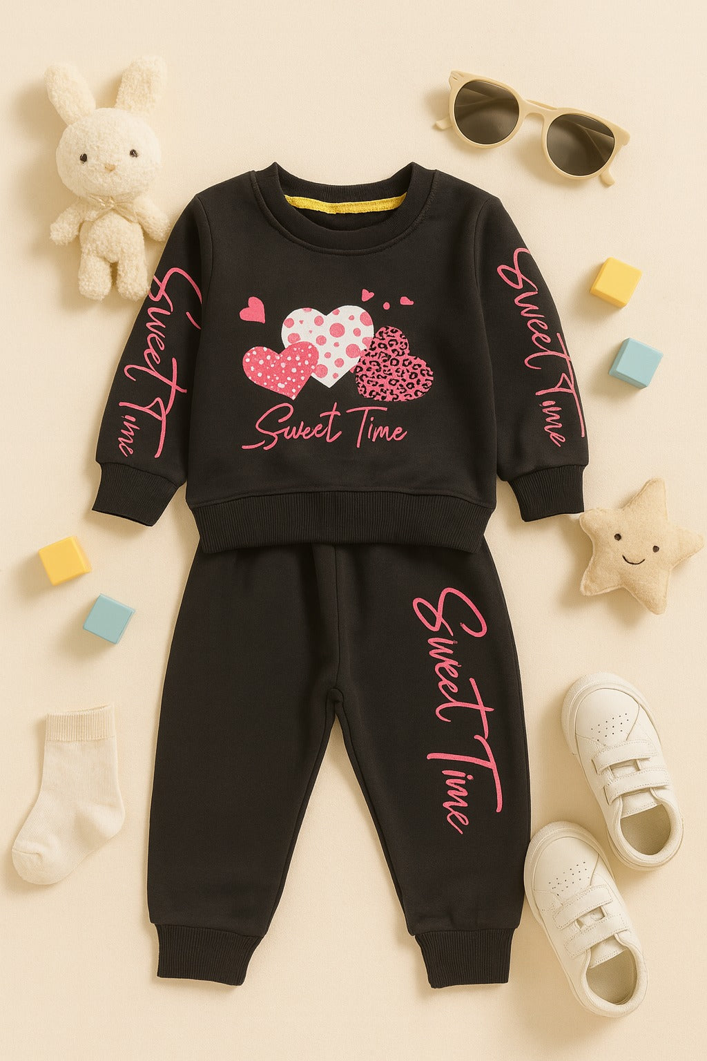 Mini Crafts Sweet Time Black Heart Co-ord Set – Stylish & Cozy Wear for Kids
