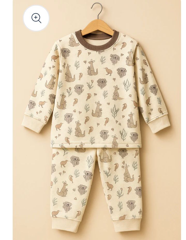 Mini Crafts Cream Beige Animal Forest Print Night Suit – Soft Cotton Sleepwear Set