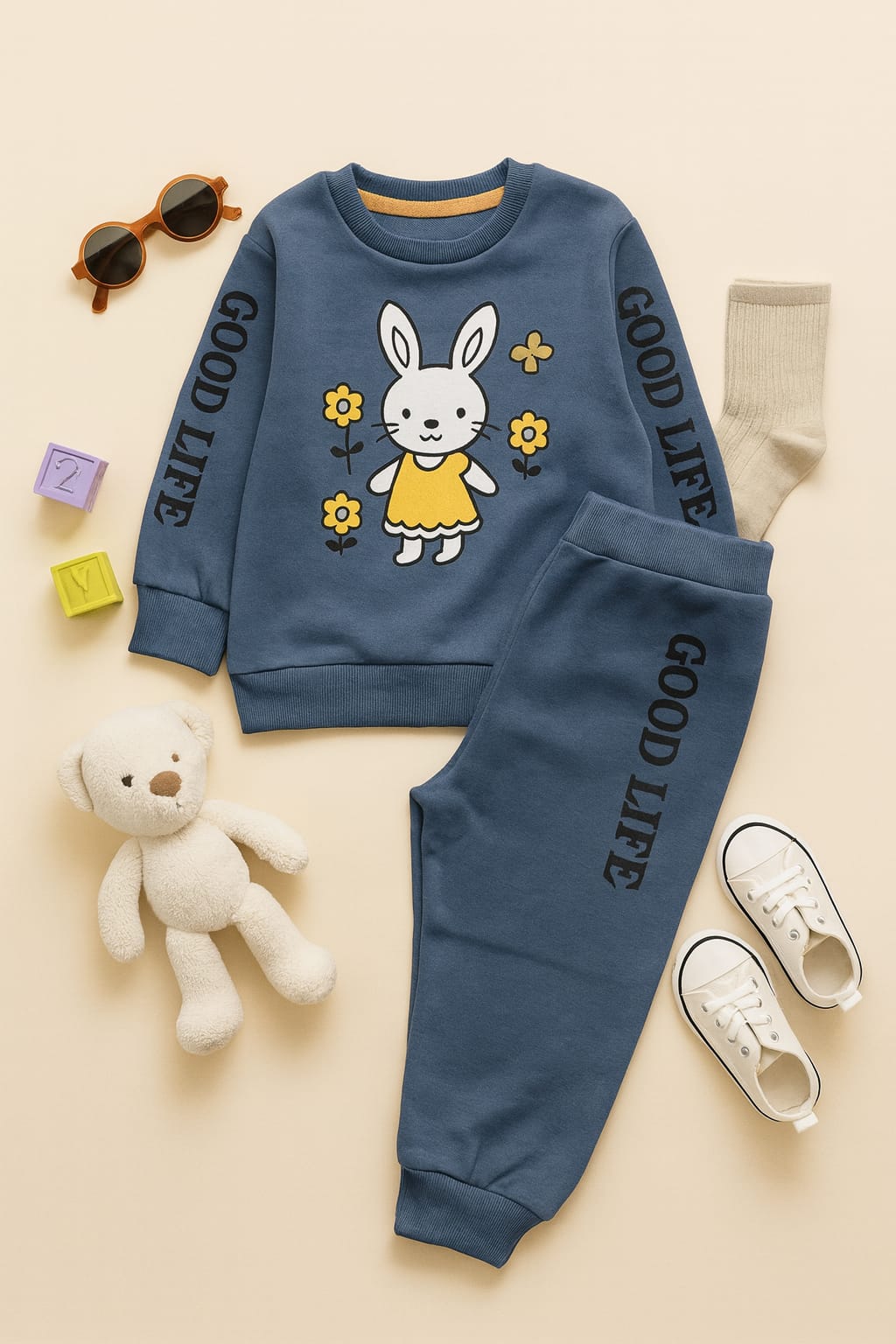 ⭐ Mini Crafts Good Life Blue Bunny Fleece Co-ord Set – Warm & Adorable Winter Wear for Kids