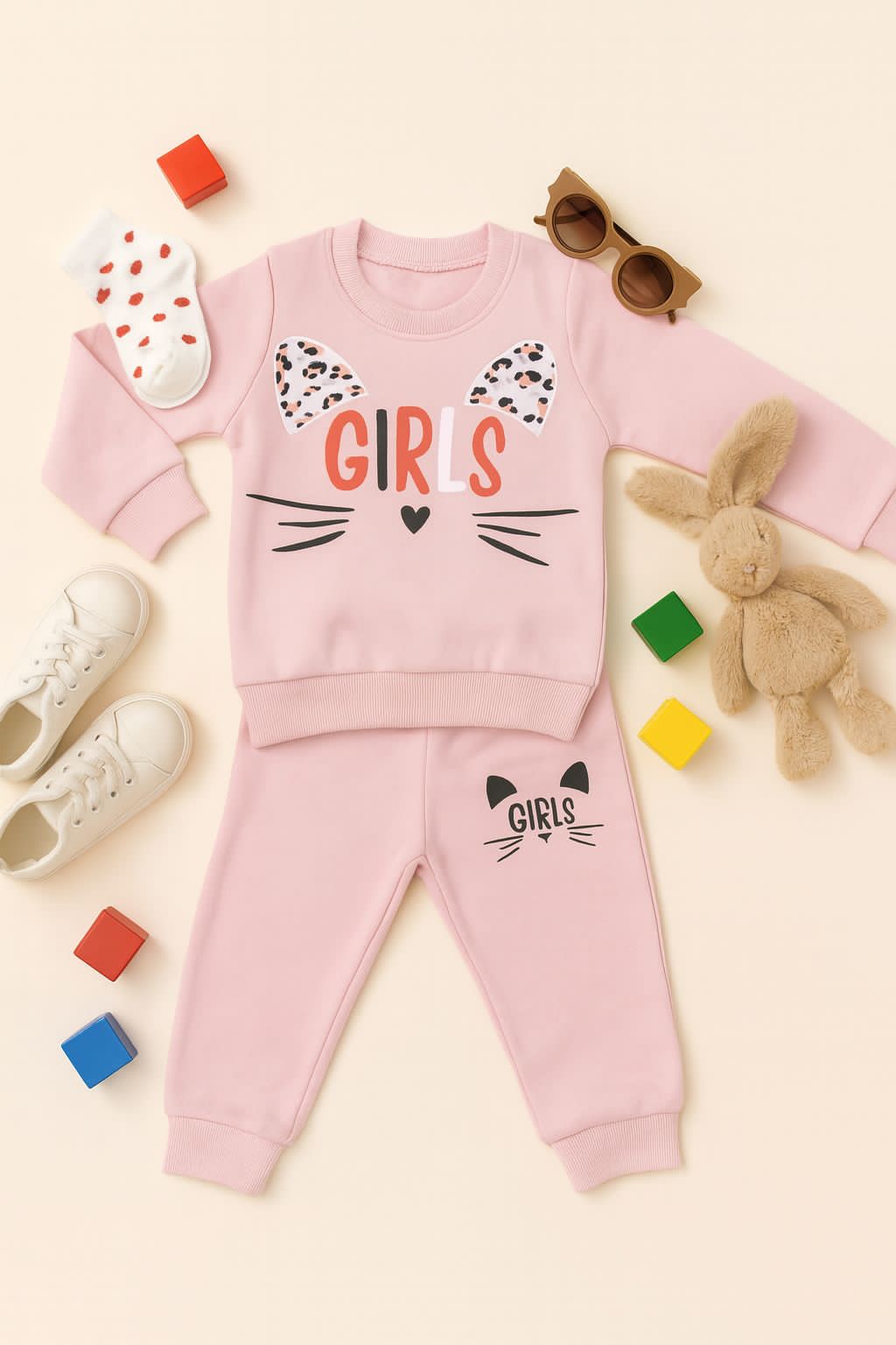 ⭐ Mini Crafts Pink Kitty Co-ord Set for Girls – Soft Baby Pink Fleece Winter Wear