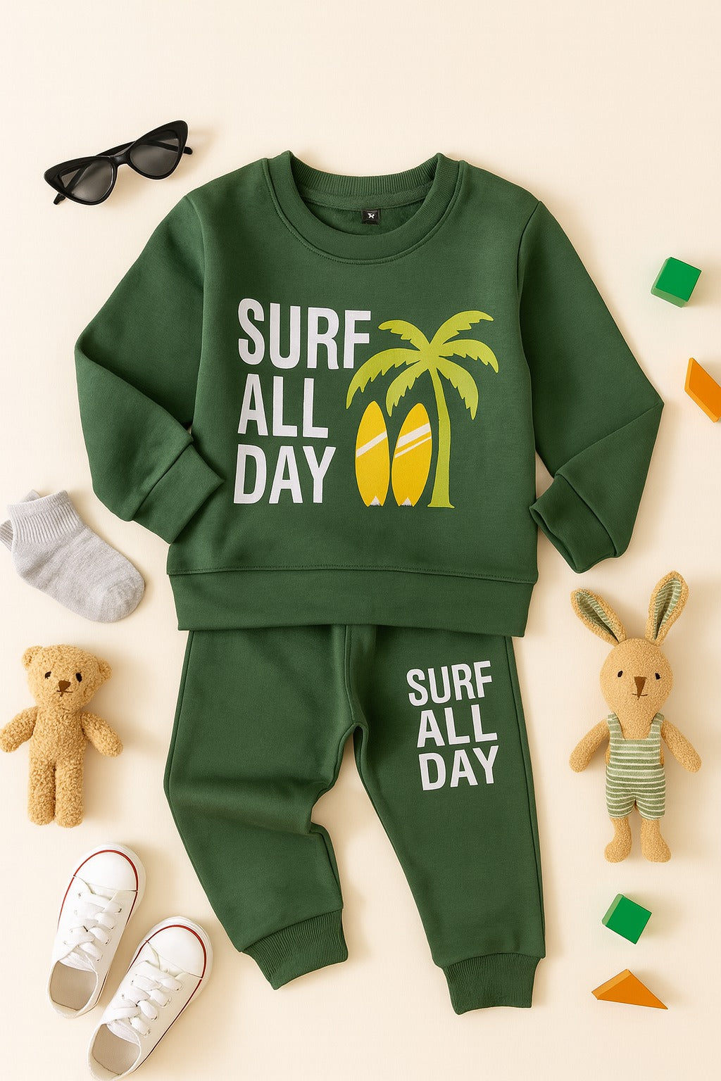 Mini Crafts Premium “Surf All Day” Forest Green Co-ord Set – Ultra-Soft Cotton Fleece Comfort Wear for Kids